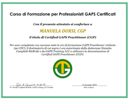 Certificato di GAPS Practitioner della Dr.ssa Manuela Dursi